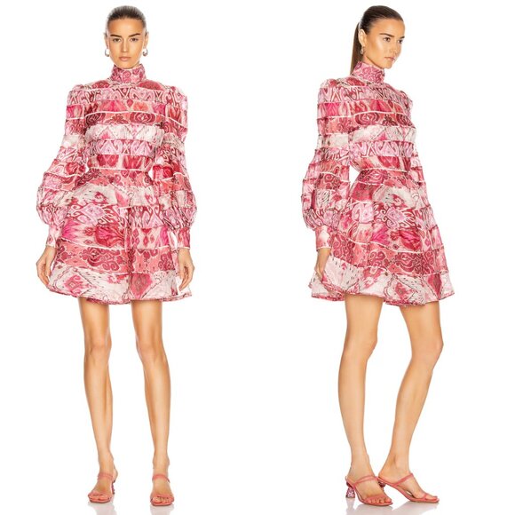 Zimmermann Wavelength Spliced Print Pink Ikat Linen Mini Dress Long Sleeves - Picture 1 of 10